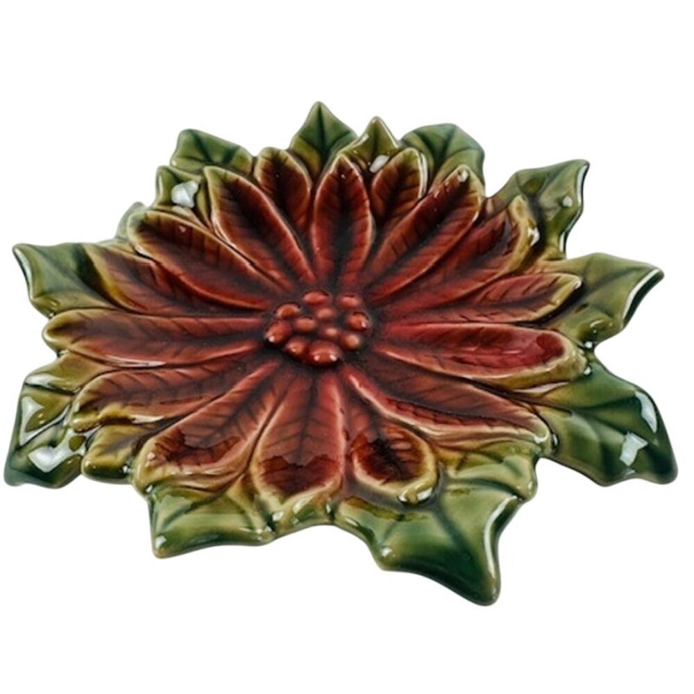 Poinsettia Ceramic Glazed Pottery 3D Plate 1960 Christmas Holiday Candy Dish VTG